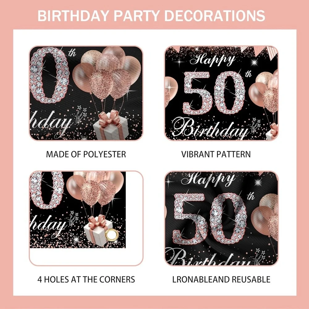 50th Birthday Decorations Rose Gold Black Balloon Arch Backdrop Boxes Set NEW